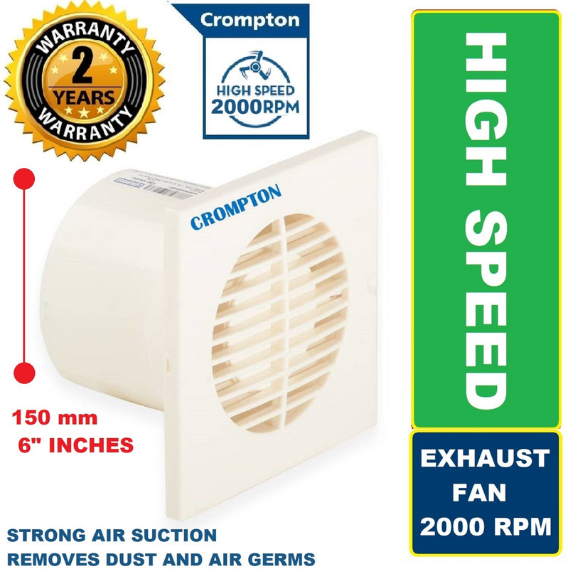 Crompton Axial Air Super Quiet HIGH SPEED 2000 RPM 100% COPPER High Performance8 with 24 Months Warranty Silent Operation 150 mm Exhaust Fan(5 Star | Pearl White8 | Pack of 1)