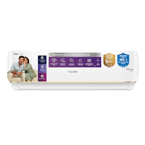 Voltas 1.5 ton 3 Star, New star rated, Inverter Split AC (Copper, Convertible 6-in-1 cooling modes, Ai Enabled, 4-way Swing, Sleep Mode, Auto Clean (183INV VERTIS AI ZEST GOLD, White)