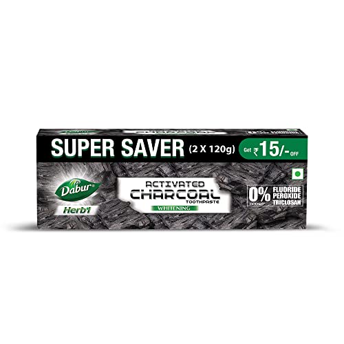 DABUR Herb'L Activated Charcoal Toothpaste 240G (120G x2, Pack of 2) | Whitening Black Gel Toothpaste | Fluoride Free | Fights Plaque & Extrinsic Stains | With Power of Mint | Cool & Refreshing Mouth Experience
