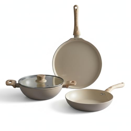 Lifelong 3 Piece Forged Cookware Set With Common Lid |2.2L Kadhai with Lid 24cm |Ceramic Coated |1.4L Fry Pan 24cm | 1.2L Tawa 26cm |Induction & Gas Compatible | Non-Riveted Handle | Non-Stick Coating