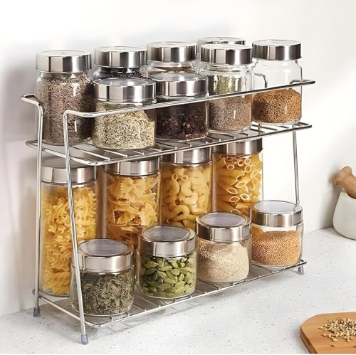 IVAZA 2-Layer Stainless Steel Kitchen Rack for Jars and Bottles – Compact Shelf Organizer for Pantry, Bathroom, and Office Storage – Sleek and Durable Design