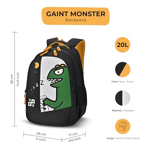 Gear Giant Monster Backpack 15"/20L Small Water Resistant School Bag/Casual Backpack/Daypack/Kids Bag for Boys/Girls (Black-Yellow) - Image 3