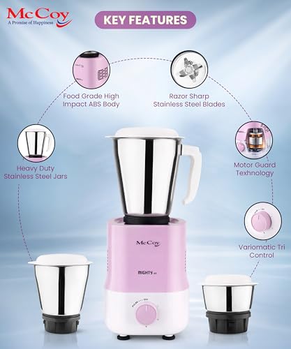 McCoy Mighty X5 Mixer Grinder | 3 SS Jars | 500 W Mixi | Hybrid Motor with 2 Years Warranty | Light Purple & White - Image 5