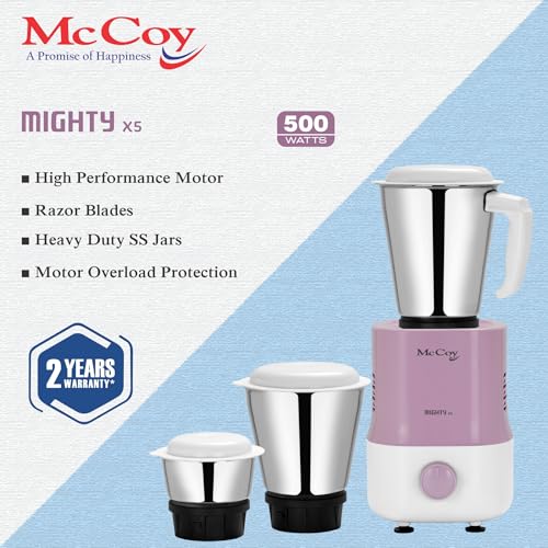 McCoy Mighty X5 Mixer Grinder | 3 SS Jars | 500 W Mixi | Hybrid Motor with 2 Years Warranty | Light Purple & White - Image 6
