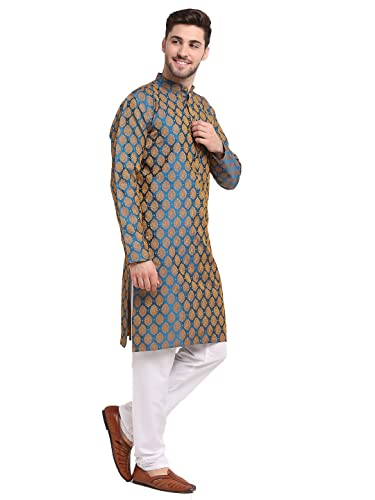 Jompers Men Green Jacquard Woven Design Kurtas. - Image 4