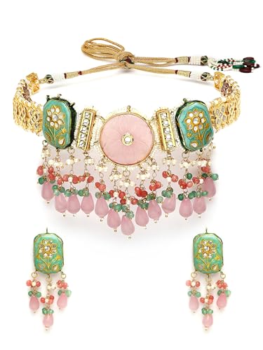 Karatcart Gold Plated Pink Carved Stone Polki Kundan Choker Necklace for Women