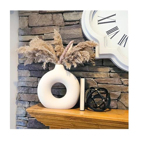 SPHINX White Ceramic Donut Vase, 6 Inch Modern Flower Vase for Pampas Grass, Dried Flowers, Home & Office Decor, Centerpiece, Handcrafted Gift Vase Only