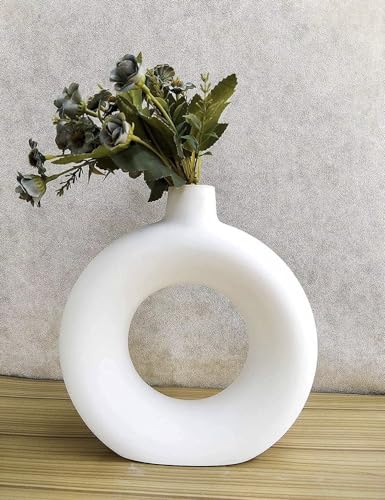 SPHINX White Ceramic Donut Vase, 6 Inch Modern Flower Vase for Pampas Grass, Dried Flowers, Home & Office Decor, Centerpiece, Handcrafted Gift Vase Only - Image 4