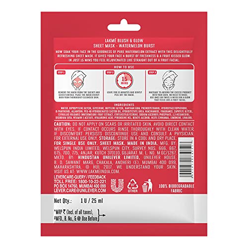 Lakme Blush & Glow Watermelon Sheet Mask, 25 ml - Image 2