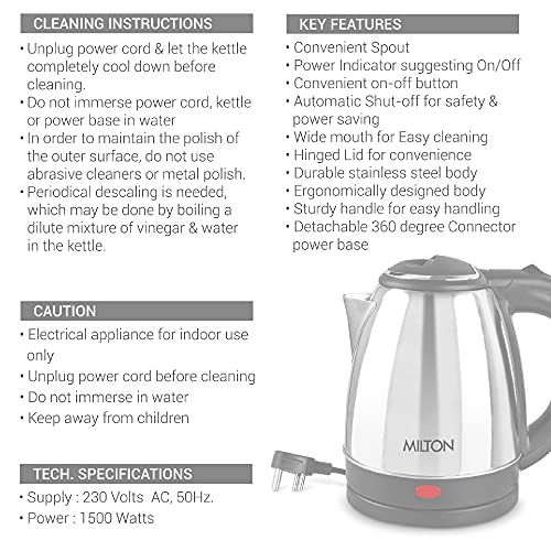 Milton Euroline Go Electro 1.5 Stainless Steel Electric Kettle, 1.5 Litres, Silver, Power Indicator, 1350 Watts, Auto Cut-off, Detachable 360 Degree Connector, Boiler for Water, Instant noodles - Image 7