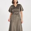 Women Solid V-Neck A-Line Midi