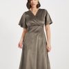 Women Solid V-Neck A-Line Midi