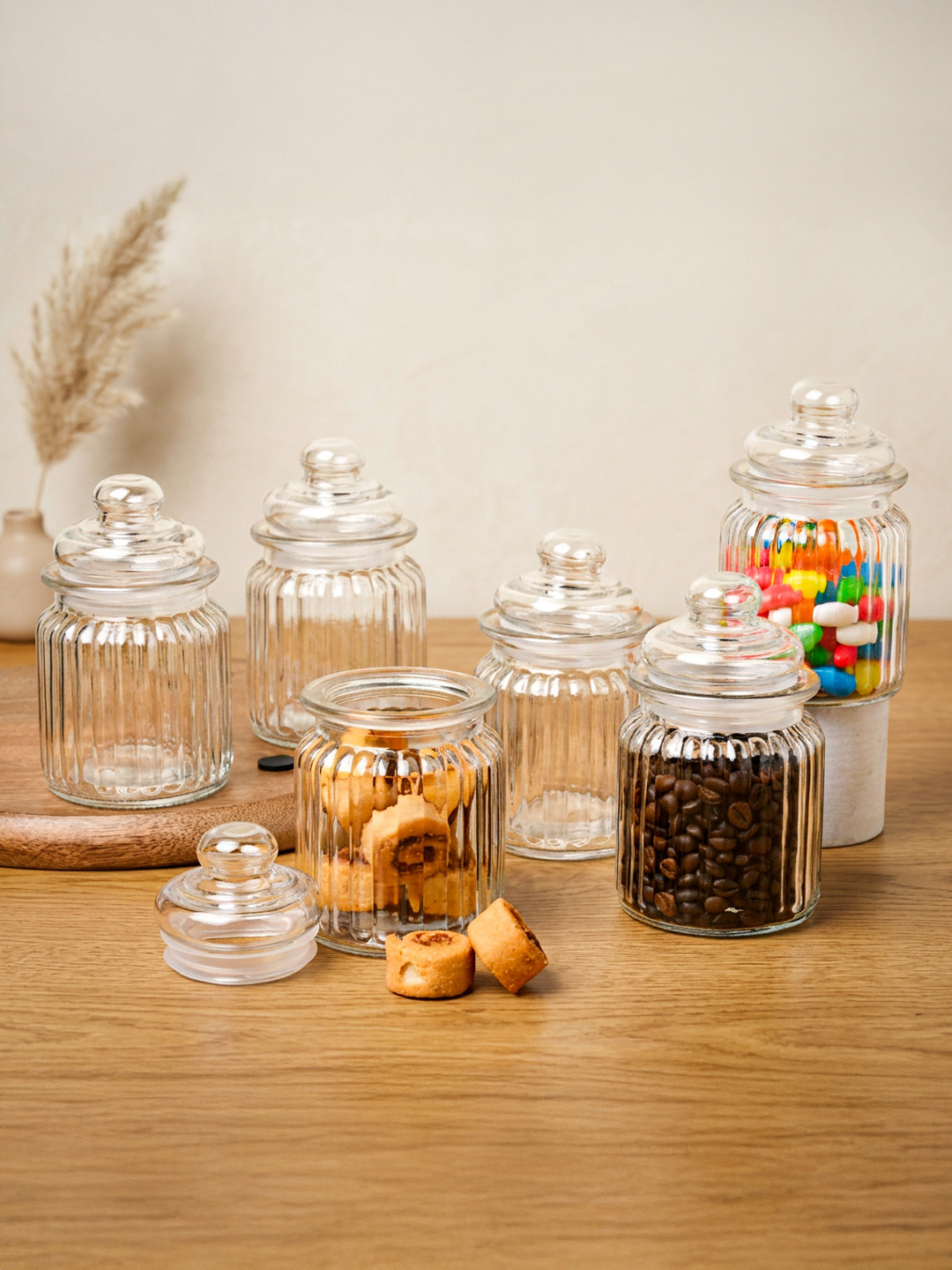 MARKET99 Set of 6 Airtight Transparent Ribbed Pattern Glass Jars 300ml Each