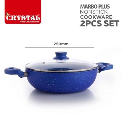Crystal 250mm Kadai + 250mm Fry Pan with Glass Lid | 2Pcs Set| Blue - Image 2