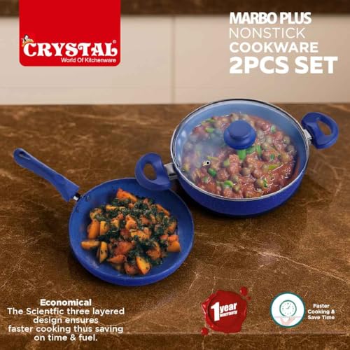 Crystal 250mm Kadai + 250mm Fry Pan with Glass Lid | 2Pcs Set| Blue - Image 3