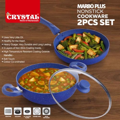 Crystal 250mm Kadai + 250mm Fry Pan with Glass Lid | 2Pcs Set| Blue - Image 4
