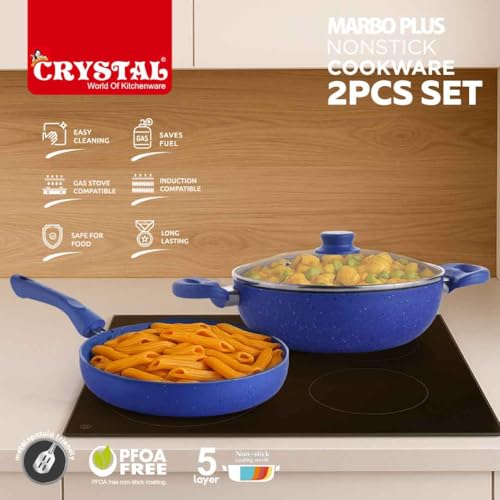 Crystal 250mm Kadai + 250mm Fry Pan with Glass Lid | 2Pcs Set| Blue - Image 5