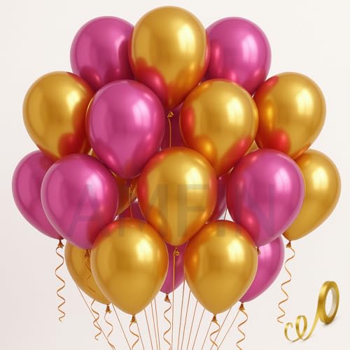 AMFIN (Pack of 20) 10 inch Metallic Chrome Balloons. Birthday, Anniversary Decoration Items - Gold, Dark Pink