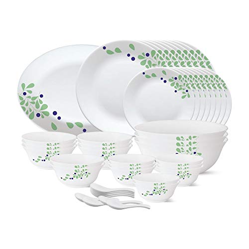 Larah by Borosil - Tiara Series, Foliage, 44 Pcs, Opalware Dinner Set, White