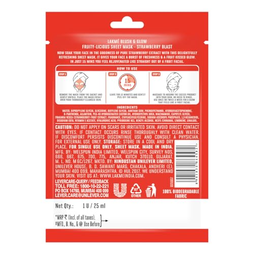 Lakme Blush & Glow Strawberry Sheet Mask|| 25 ml - Image 3