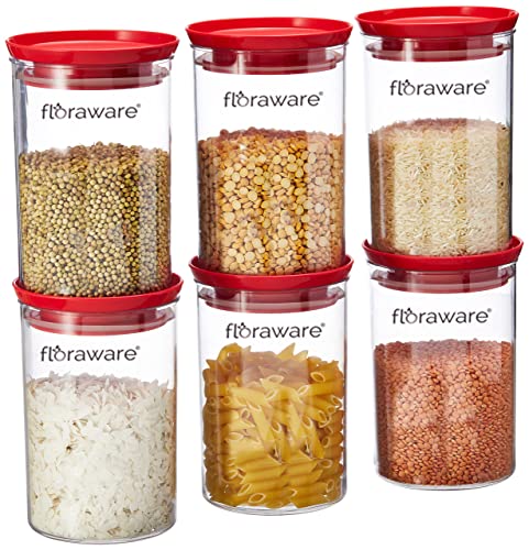 Floraware Plastic Air Tight BPA Free Stackable Round Push Multipurpose Containers For Kitchen Organizer 900ml for Rice Dal Flour Snacks Cereals Pack of 6 (Red)