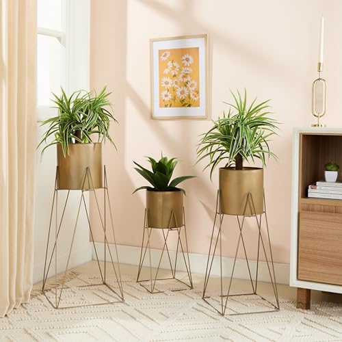 Amazon Brand - Solimo Metal Planters Pot Holder (Square Base) with Metal Plant Stand (Gold, Set of 3) | Tall Indoor Plant Stand with Planter Pot, Suited for Indoor/Outdoor - Image 2