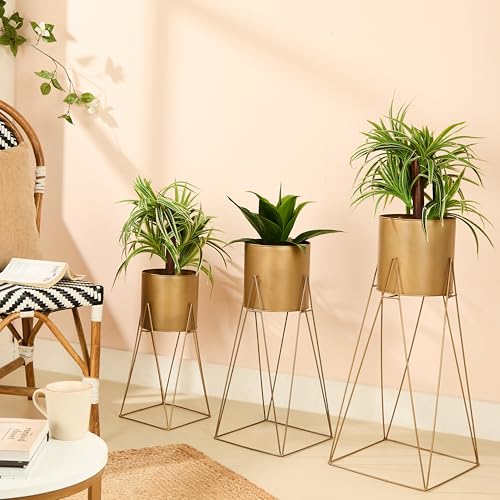 Amazon Brand - Solimo Metal Planters Pot Holder (Square Base) with Metal Plant Stand (Gold, Set of 3) | Tall Indoor Plant Stand with Planter Pot, Suited for Indoor/Outdoor - Image 5