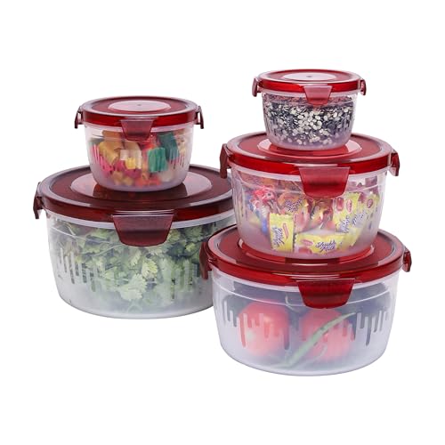 PEARLPET PP Container Circular Plastic Food Storage Container with Air Tight Lid | Fridge & Freezer Dabba Containers, Fruit Box Set of 5, Red (300ml, 600ml, 1200ml, 1800ml and 3000ml)