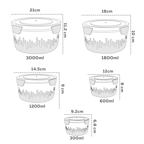 PEARLPET PP Container Circular Plastic Food Storage Container with Air Tight Lid | Fridge & Freezer Dabba Containers, Fruit Box Set of 5, Red (300ml, 600ml, 1200ml, 1800ml and 3000ml) - Image 2
