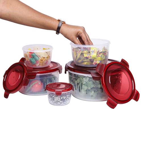 PEARLPET PP Container Circular Plastic Food Storage Container with Air Tight Lid | Fridge & Freezer Dabba Containers, Fruit Box Set of 5, Red (300ml, 600ml, 1200ml, 1800ml and 3000ml) - Image 3