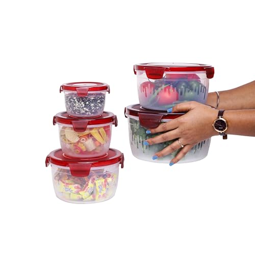 PEARLPET PP Container Circular Plastic Food Storage Container with Air Tight Lid | Fridge & Freezer Dabba Containers, Fruit Box Set of 5, Red (300ml, 600ml, 1200ml, 1800ml and 3000ml) - Image 4