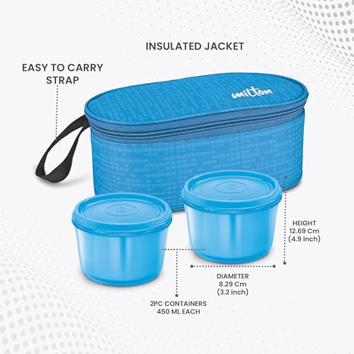 MILTON Graze Big Lunch Box, 2 Round Inner Steel Microwave Safe Containers 450 ml Each with Insulated Bag, Odour Proof, Tiffin for Office Men, Women, Leak-Proof Containers, Easy to Carry, Blue - Image 4