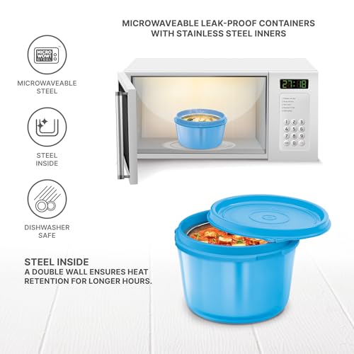 MILTON Graze Big Lunch Box, 2 Round Inner Steel Microwave Safe Containers 450 ml Each with Insulated Bag, Odour Proof, Tiffin for Office Men, Women, Leak-Proof Containers, Easy to Carry, Blue - Image 7