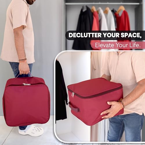 Storite 2 Pack Nylon Wardrobe Bag Underbed Moisture Proof Cloth Storage Organizer, Storage box for Clothes Saree Bags with Zippered Closure & Handle (Magenta, 37x34x23 cm) - Image 6