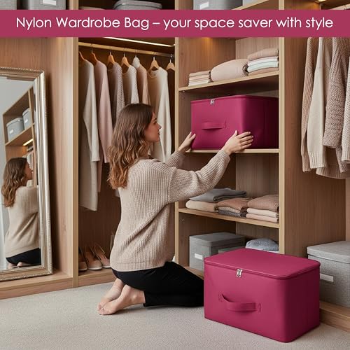 Storite 2 Pack Nylon Wardrobe Bag Underbed Moisture Proof Cloth Storage Organizer, Storage box for Clothes Saree Bags with Zippered Closure & Handle (Magenta, 37x34x23 cm) - Image 7