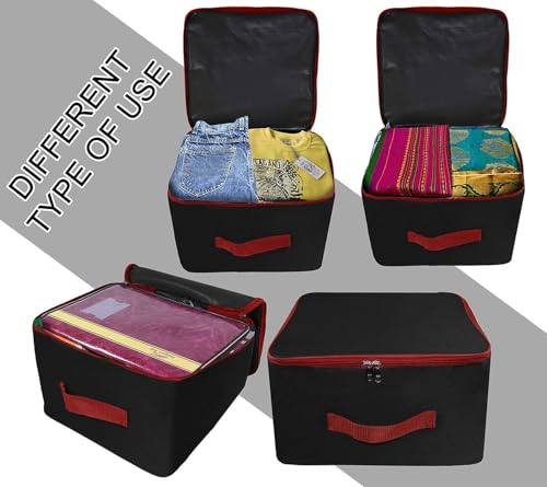 Storite Nylon Wardrobe Bag Underbed Moisture Proof Cloth Storage Organizer, Storage box for Clothes Saree Bags with Zippered Closure & Handle(Black & Red, 38.1x25.4x35.5cm),Square - Image 5