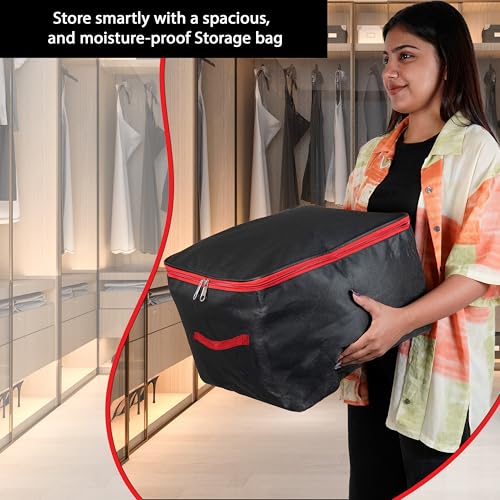 Storite Nylon Wardrobe Bag Underbed Moisture Proof Cloth Storage Organizer, Storage box for Clothes Saree Bags with Zippered Closure & Handle(Black & Red, 38.1x25.4x35.5cm),Square - Image 6