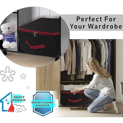 Storite Nylon Wardrobe Bag Underbed Moisture Proof Cloth Storage Organizer, Storage box for Clothes Saree Bags with Zippered Closure & Handle(Black & Red, 38.1x25.4x35.5cm),Square - Image 7