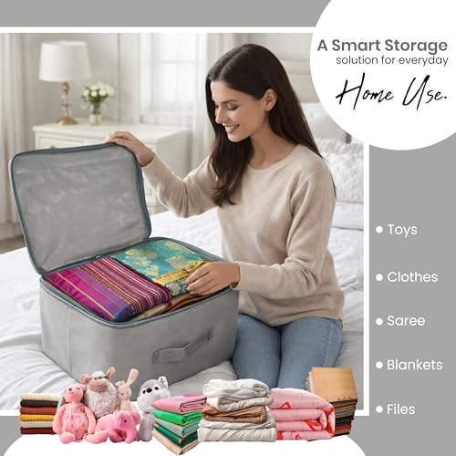 Storite 2 Pack Nylon Wardrobe Bag Underbed Moisture Proof Cloth Storage Organizer, Storage box for Clothes Saree Bags with Zippered Closure & Handle (Grey,37x35x23 cm, Square) - Image 4