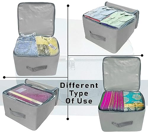 Storite 2 Pack Nylon Wardrobe Bag Underbed Moisture Proof Cloth Storage Organizer, Storage box for Clothes Saree Bags with Zippered Closure & Handle (Grey,37x35x23 cm, Square) - Image 5