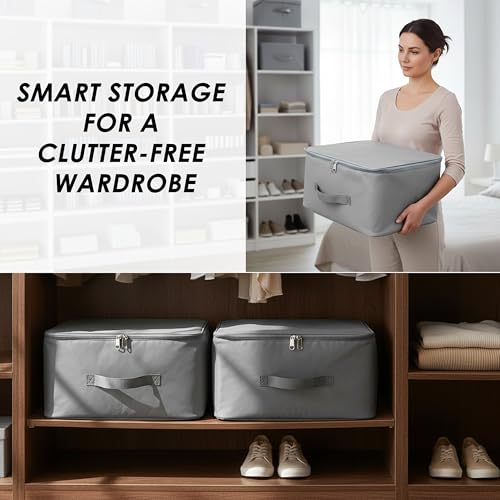 Storite 2 Pack Nylon Wardrobe Bag Underbed Moisture Proof Cloth Storage Organizer, Storage box for Clothes Saree Bags with Zippered Closure & Handle (Grey,37x35x23 cm, Square) - Image 6