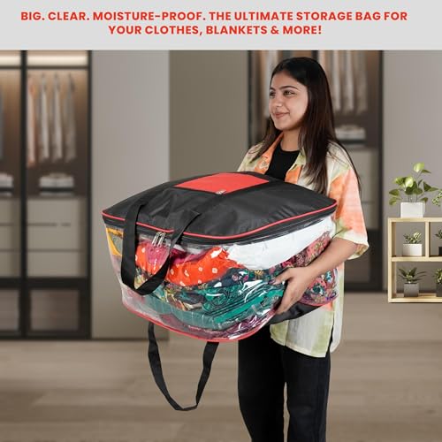 Storite 2 Pack Nylon Underbed Storage Bags | Moisture-Proof Clothes Organizer with Zippered Closure & Carry Handles | Foldable Blanket, Quilt & Saree Storage Box (57x47x26 cm, Transparent) - Image 2
