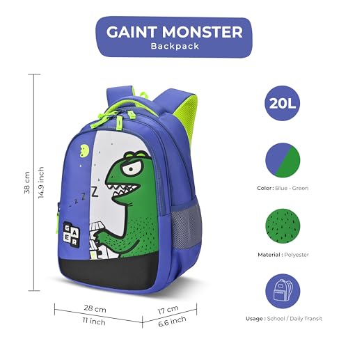 Gear Giant Monster Backpack 15"/20L Small Water Resistant School Bag/Casual Backpack/Daypack/Kids Bag for Boys/Girls (Blue-Green) - Image 3
