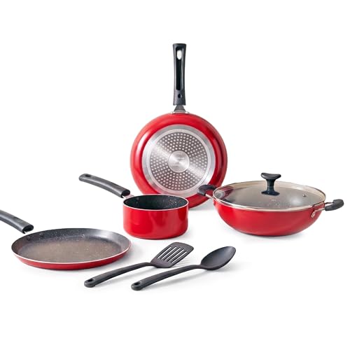 Crystal Classic Series 7-pc Non-Stick Induction Bottom Cookware Set, PFOA Free, Tawa, Fry-Pan, Kadhai with Glass Lid, Sauce Pan with 2 Serving Spoons, Red