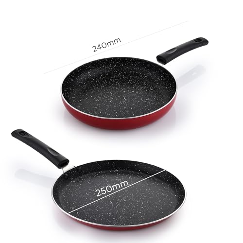Crystal Classic Series 7-pc Non-Stick Induction Bottom Cookware Set, PFOA Free, Tawa, Fry-Pan, Kadhai with Glass Lid, Sauce Pan with 2 Serving Spoons, Red - Image 3
