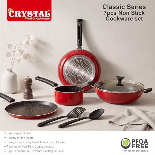 Crystal Classic Series 7-pc Non-Stick Induction Bottom Cookware Set, PFOA Free, Tawa, Fry-Pan, Kadhai with Glass Lid, Sauce Pan with 2 Serving Spoons, Red - Image 4