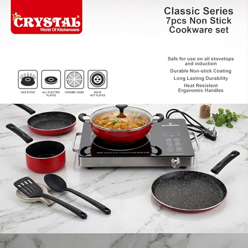 Crystal Classic Series 7-pc Non-Stick Induction Bottom Cookware Set, PFOA Free, Tawa, Fry-Pan, Kadhai with Glass Lid, Sauce Pan with 2 Serving Spoons, Red - Image 5