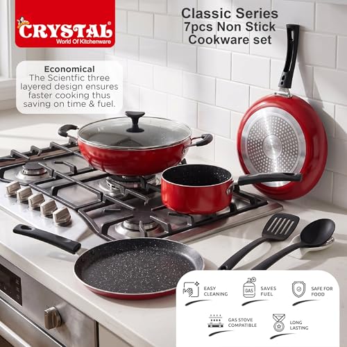 Crystal Classic Series 7-pc Non-Stick Induction Bottom Cookware Set, PFOA Free, Tawa, Fry-Pan, Kadhai with Glass Lid, Sauce Pan with 2 Serving Spoons, Red - Image 6