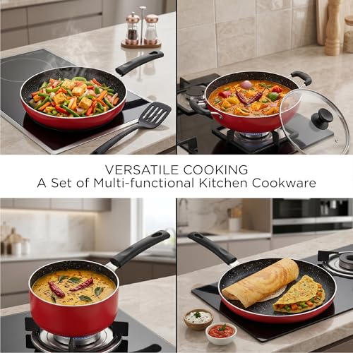 Crystal Classic Series 7-pc Non-Stick Induction Bottom Cookware Set, PFOA Free, Tawa, Fry-Pan, Kadhai with Glass Lid, Sauce Pan with 2 Serving Spoons, Red - Image 7