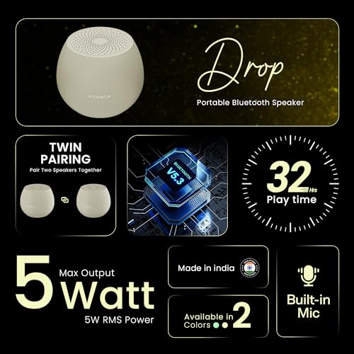 HAMMER Drop 5W Bluetooth Wireless Speaker with Twin Pairing, 1200 mAh Battery, 100H Standby Time, TWS Function, TF Card, USB Slot, Auto-Pairing, in-Built Mic, Type-C Charging, 52mm Driver (Beige) - Image 3